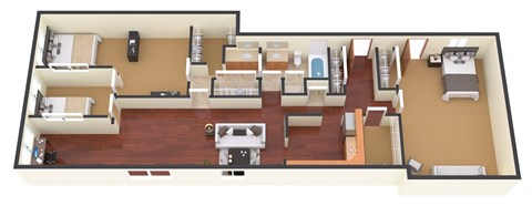 a 3d rendering of a floor plan with a bedroom and living room